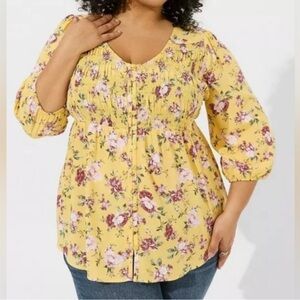 Torrid Yellow Floral Button-Front Smocked Babydoll Size 3 Blouse
